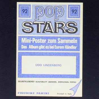 Udo Lindenberg Panini Sticker No. 92 - Pop Stars