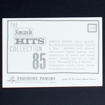 Simple Minds Panini Sticker No. 114 - Smash Hits 85