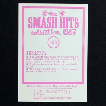 Billy Idol Panini Sticker No. 188 - Smash Hits 87