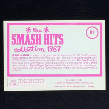 Billy Idol Panini Sticker No. 81- Smash Hits 87