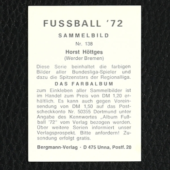 Horst Höttges Bergmann Sticker Nr. 138 - Fußball 72