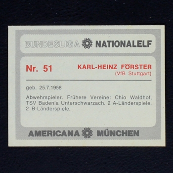 Karl-Heinz Förster Americana Card No. 51 - Bundesliga Nationalelf 1978