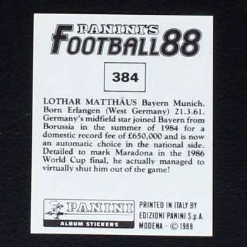 Lothar Matthäus Panini Sticker No. 384 - Football 88