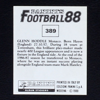 Glenn Hoddle Panini Sticker No. 389 - Football 88