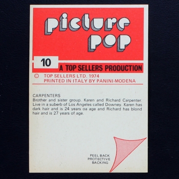 Carpenters Panini Sticker No. 10 - Picture Pop 1974