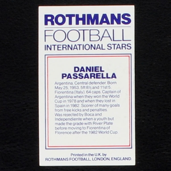 Daniel Passarella Rothmans Card - Football International Stars 1984