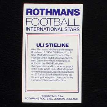 Uli Stielke Rothmans Card - Football International Stars 1984