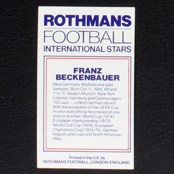 Franz Beckenbauer Rothmans Card - Football International Stars 1984