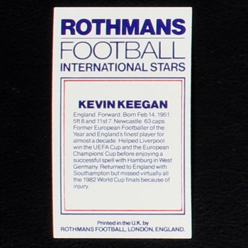 Kevin Keegan Rothmans Card - Football International Stars 1984