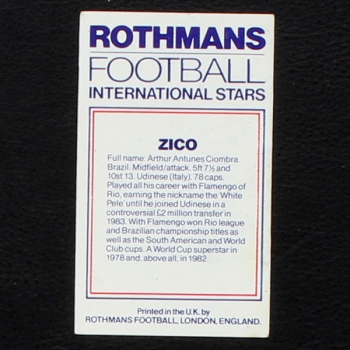 Zico Rothmans Card - Football International Stars 1984