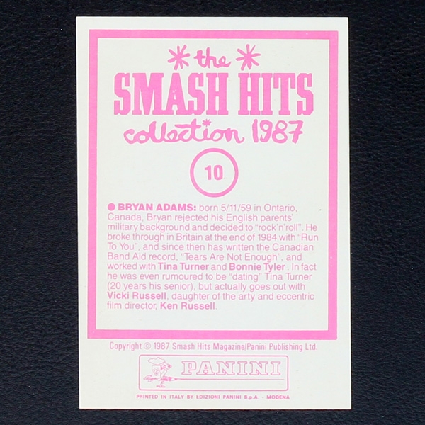 Bryan Adams Panini Sticker No. 10 - Smash Hits 87