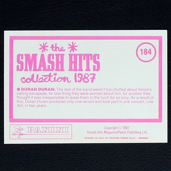 Duran Duran Panini Sticker No. 184 - Smash Hits 87