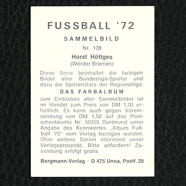 Horst Höttges Bergmann Sticker Nr. 138 - Fußball 72