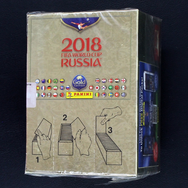 Russia 2018 Panini Box mit 100 Sticker Tüten - Gold Edition