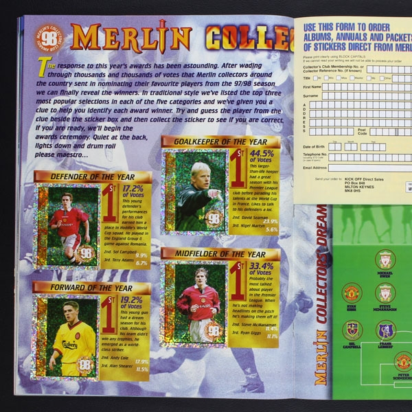 Premier League 98 Kick Off Merlin Sticker Album komplett