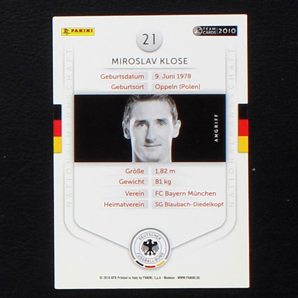 Miroslav Klose Panini Trading Card No. 21 - Team Cards 2010