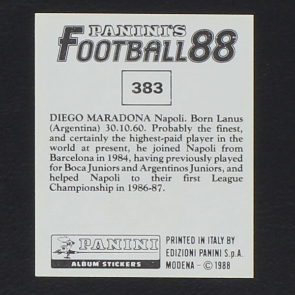 Diego Maradona Panini Sticker No. 383 - Football 88