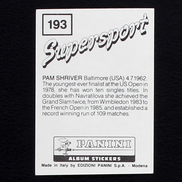 Pam Shriver Panini Sticker No. 193 - Supersport 1987