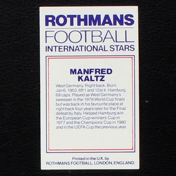 Manfred Kaltz Rothmans Card - Football International Stars 1984