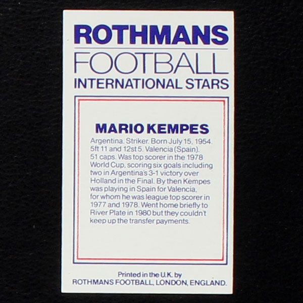 Mario Kempes Rothmans Card - Football International Stars 1984