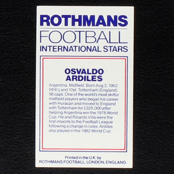 Osvaldo Ardiles Rothmans Card - Football International Stars 1984