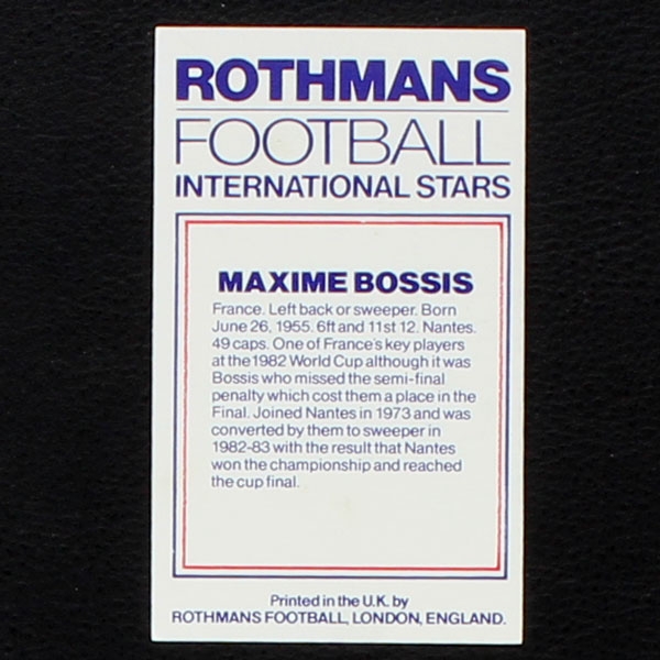 Maxime Bossis Rothmans Card - Football International Stars 1984