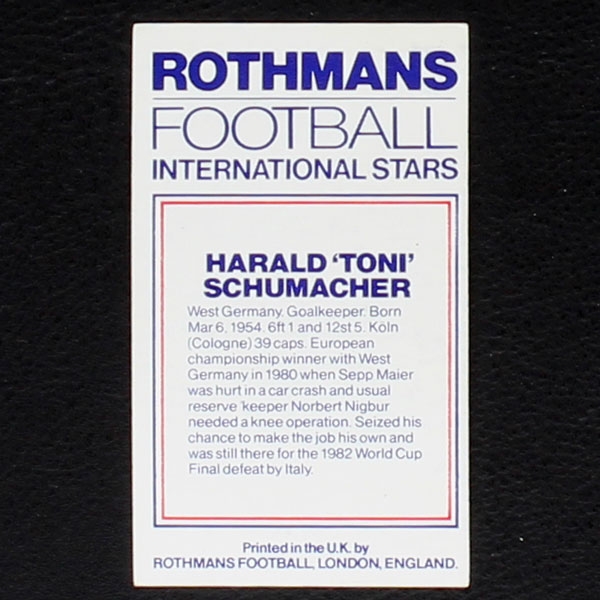 Toni Schumacher Rothmans Card - Football International Stars 1984