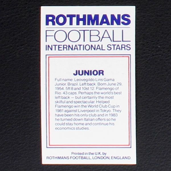 Junior Rothmans Card - Football International Stars 1984