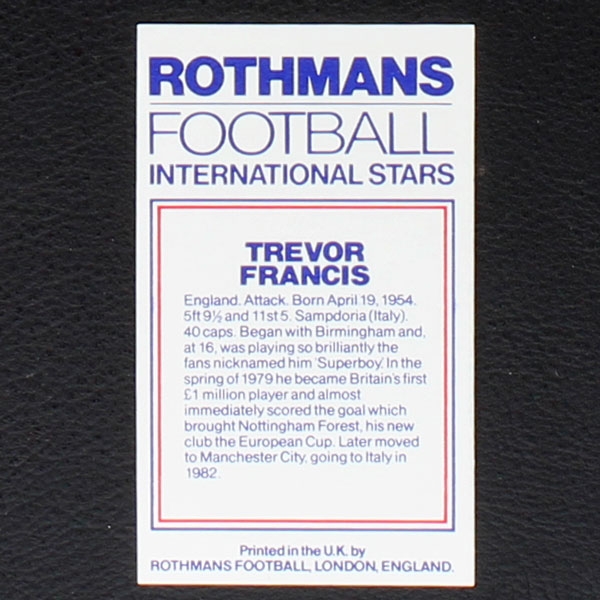 Trevor Francis Rothmans Card - Football International Stars 1984