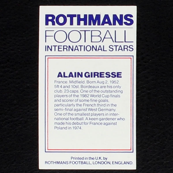 Alain Giresse Rothmans Card - Football International Stars 1984