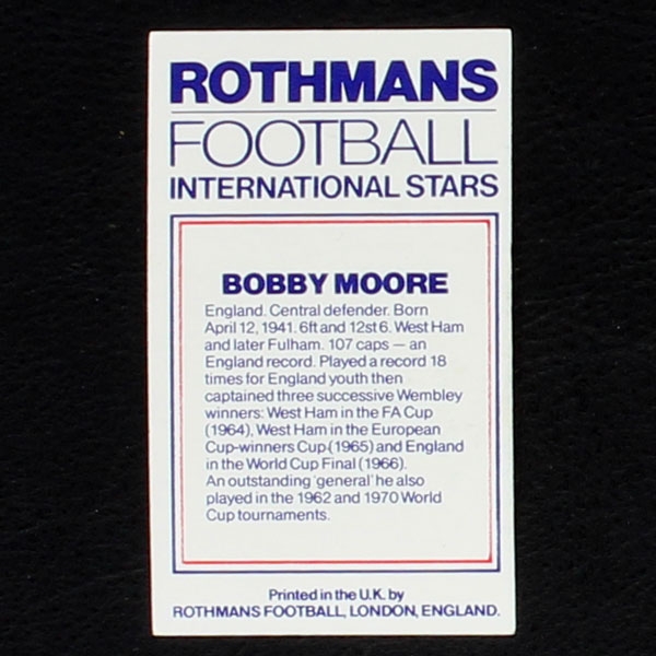 Bobby Moore Rothmans Card - Football International Stars 1984