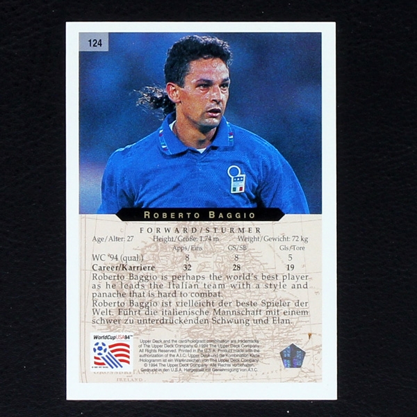 Roberto Baggio Upper Deck Trading Card No. 124 - USA 94